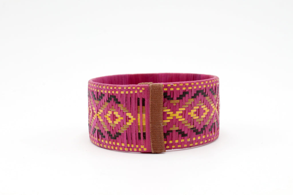 Dark Pink with Multi-Color Geometric Pattern - Medium Cuff Caña Flecha Bracelet
