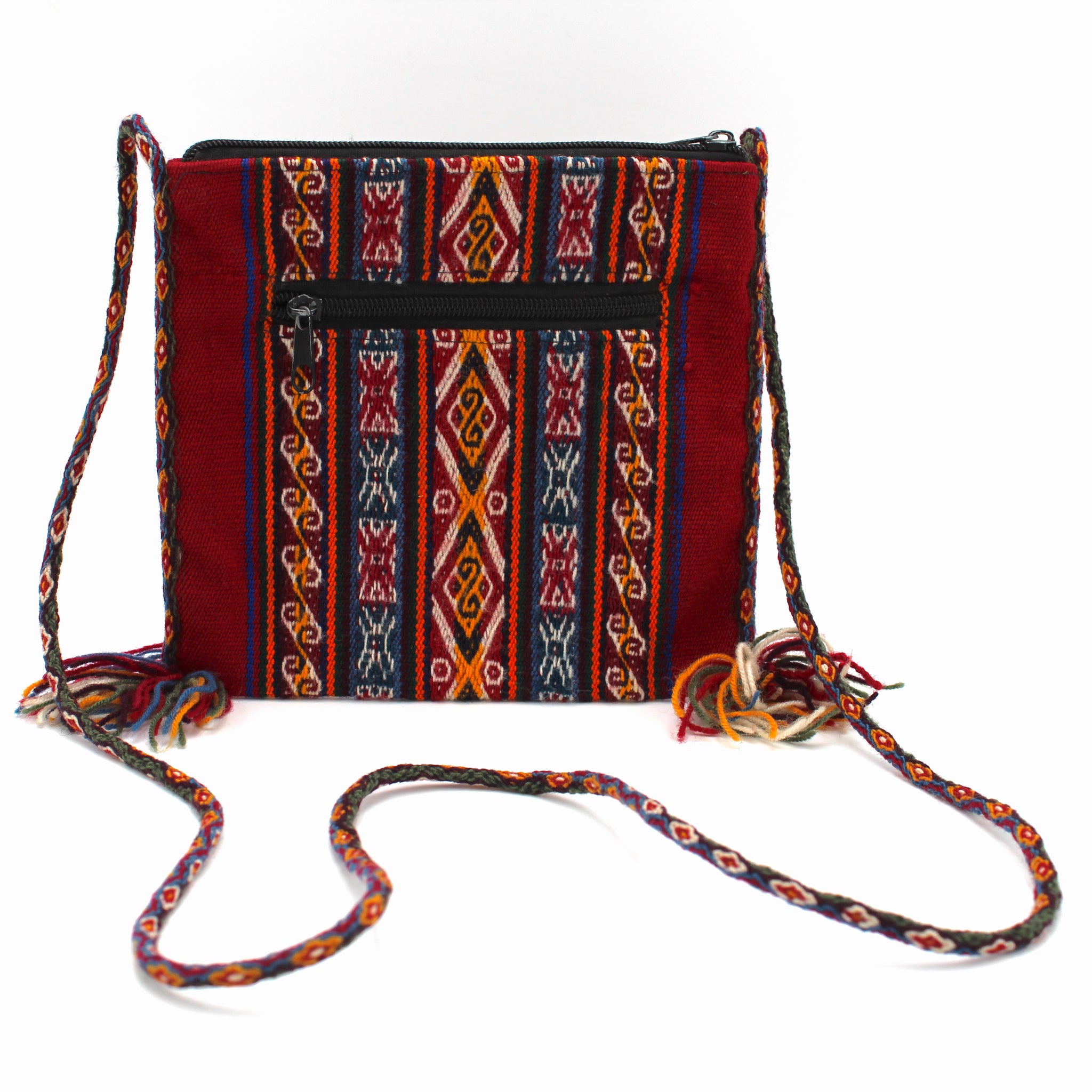 Small Chuspa Crossbody - Red with Multicolor patterns and braided strap