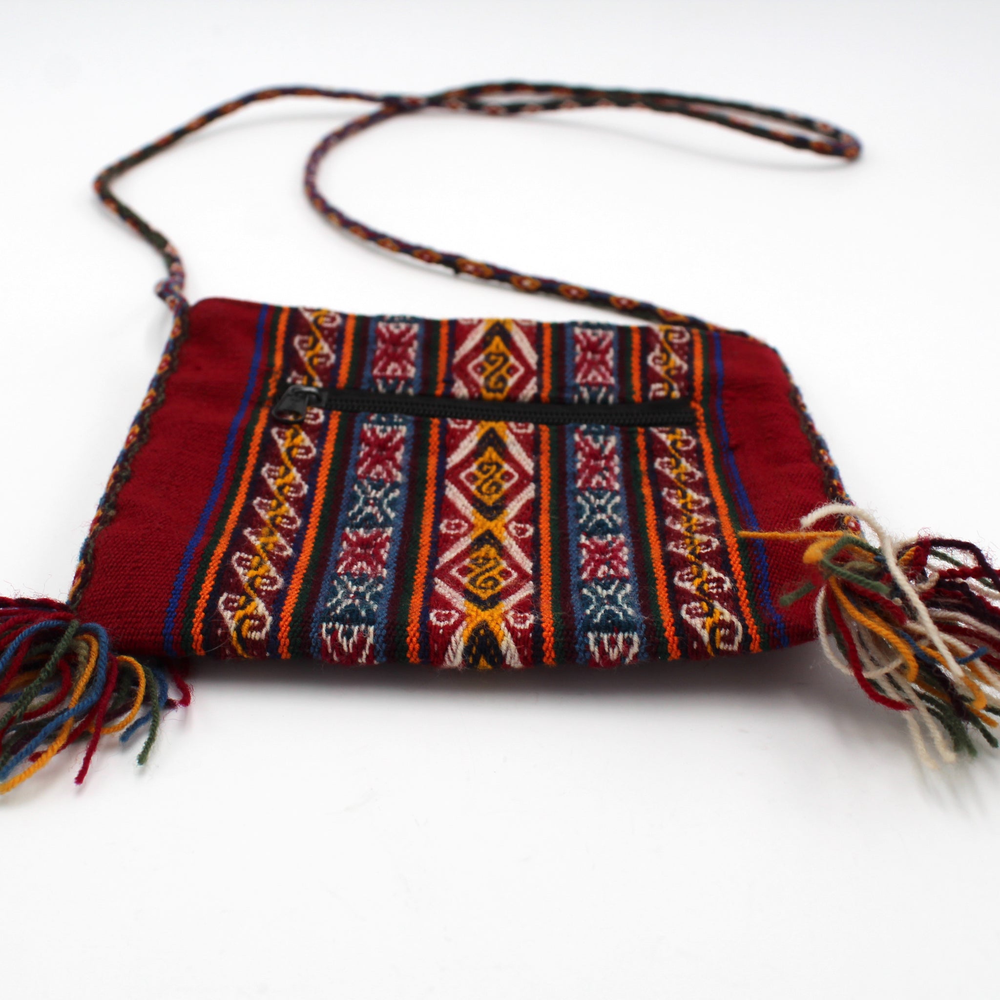 Small Chuspa Crossbody - Red with Multicolor patterns and braided strap