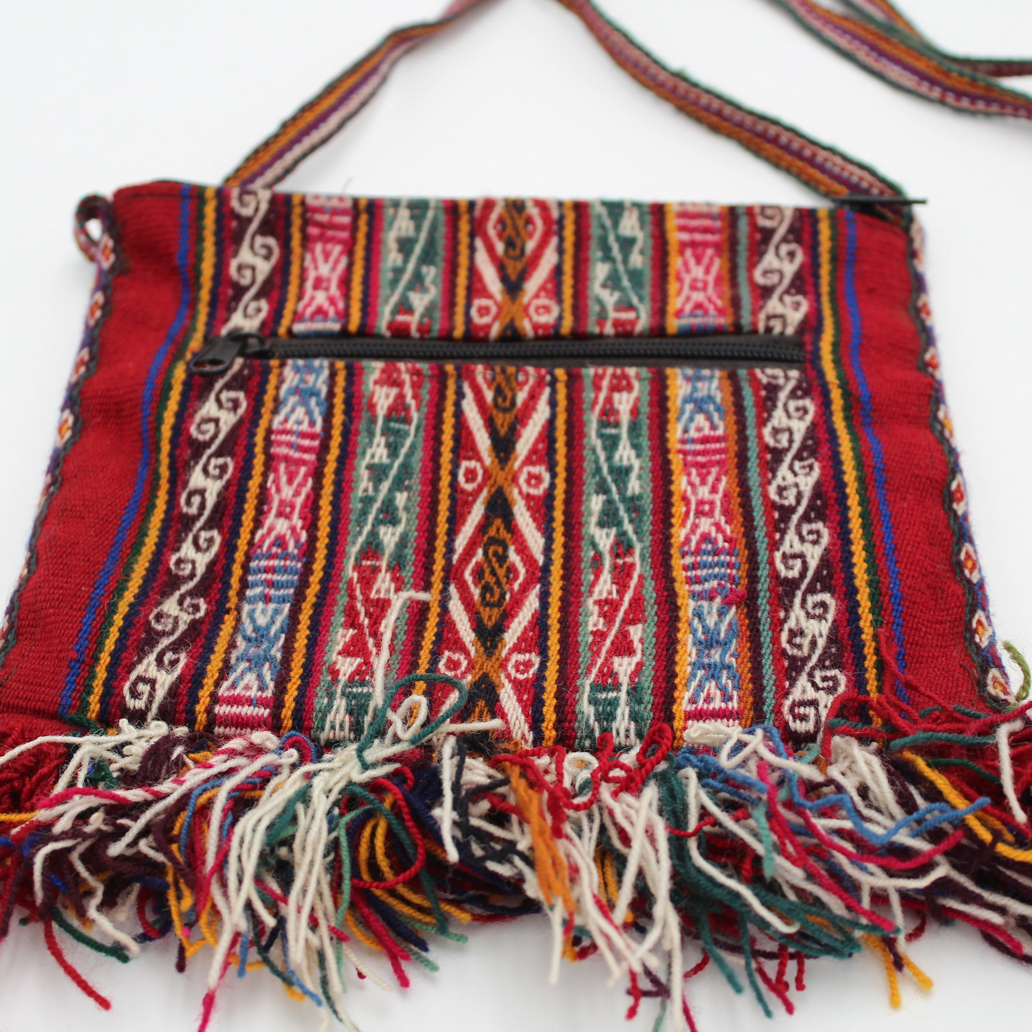 Small Chuspa Crossbody - Red with Multicolor patterns and fringe