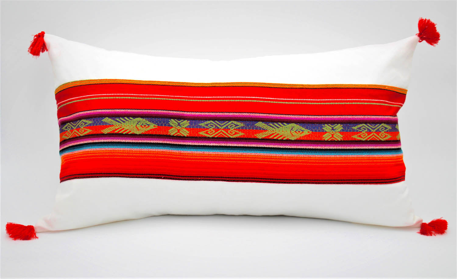 El Mar Pillow Collection: Red Multi-Color Small Lumbar with Green Fish and Red Tassels
