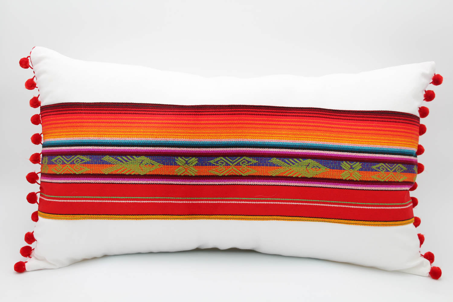 El Mar Pillow Collection: Red Multi-Color Small Lumbar with Green Fish and Red Pom Poms