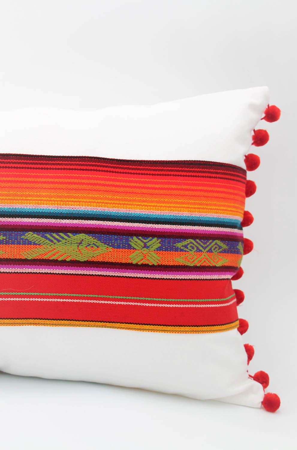 El Mar Pillow Collection: Red Multi-Color Small Lumbar with Green Fish and Red Pom Poms
