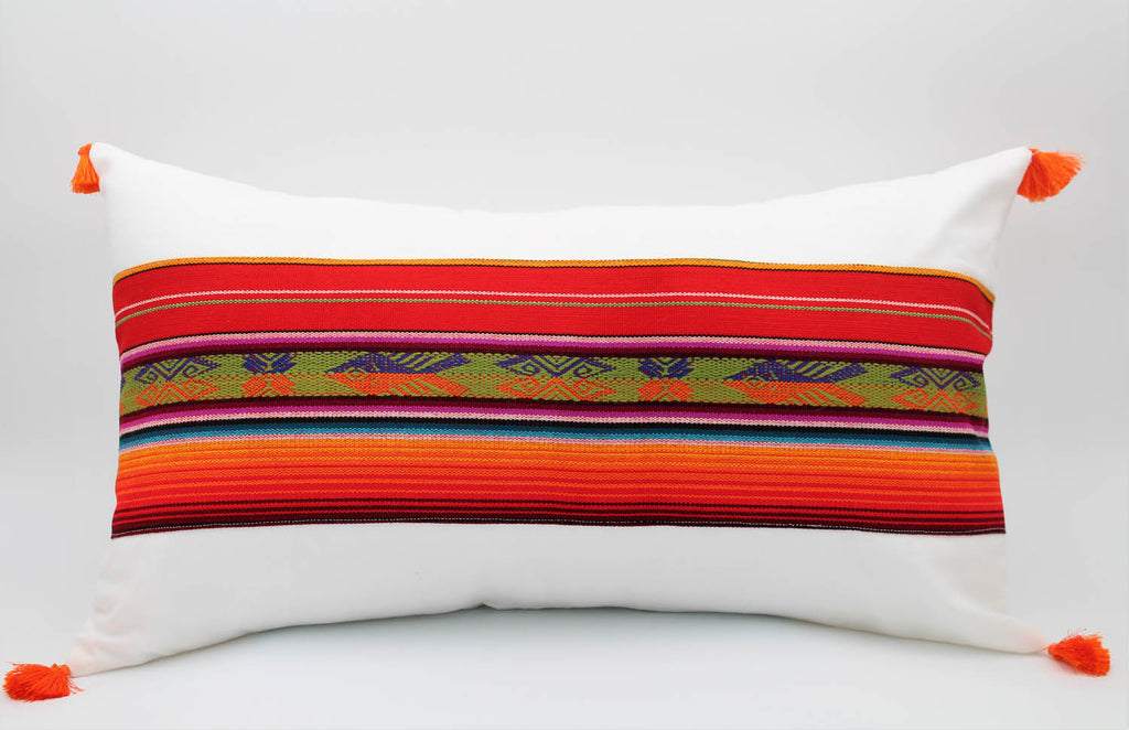 El Mar Pillow Collection: Red Multi-Color Small Lumbar with Orange and Purple Fish and Orange Tassels
