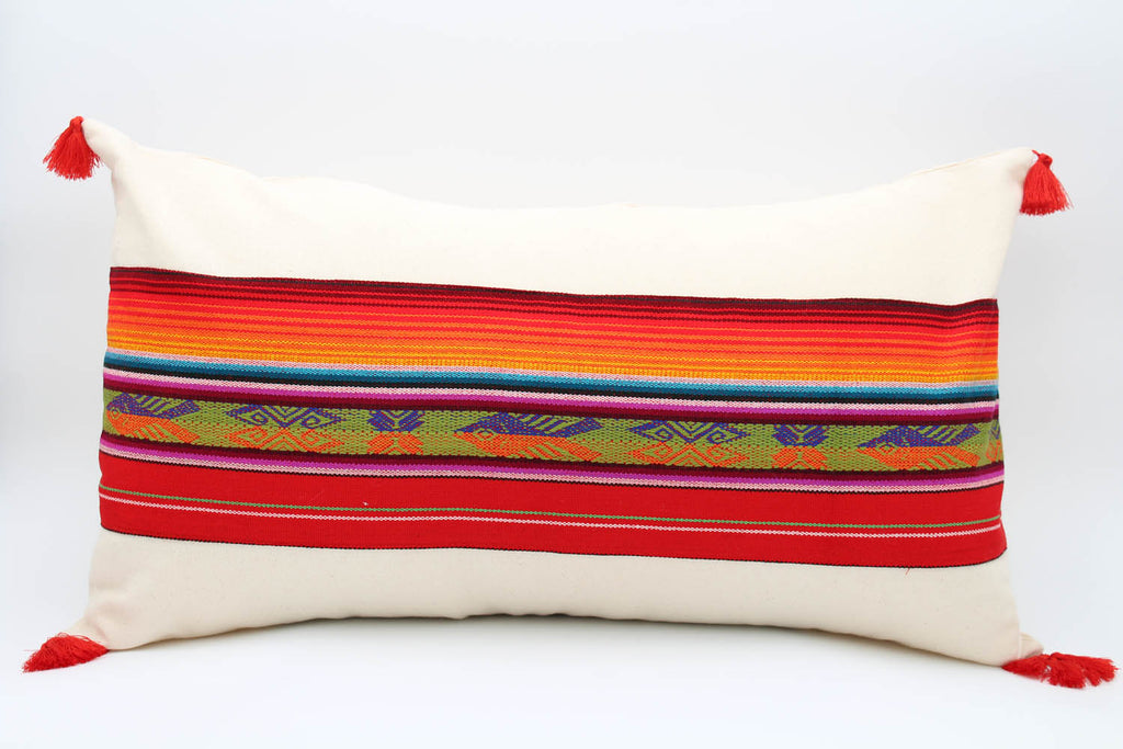 El Mar Pillow Collection: Red Multi-Color Small Lumbar with Orange and Purple Fish and Red Tassels