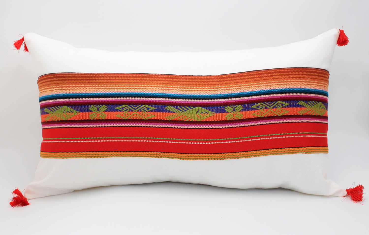 El Mar Pillow Collection: Red and Brown Multi-Color Small Lumbar with Green Fish and Red Tassels