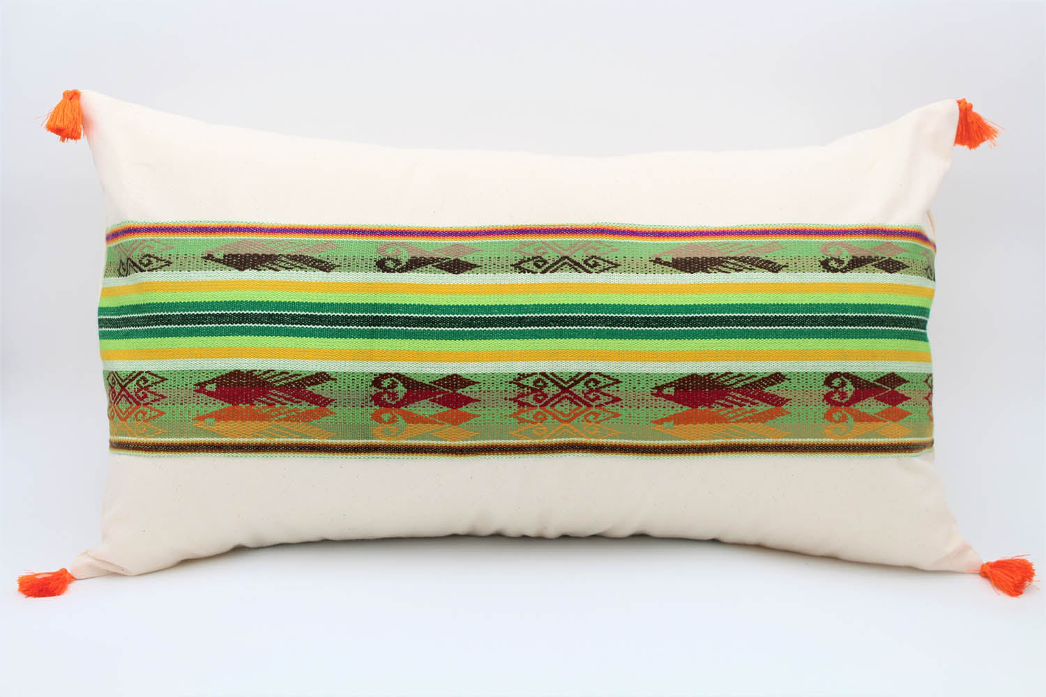 El Mar Pillow Collection: Green, Yellow and Brown Stripes with Fish and Orange Tassels