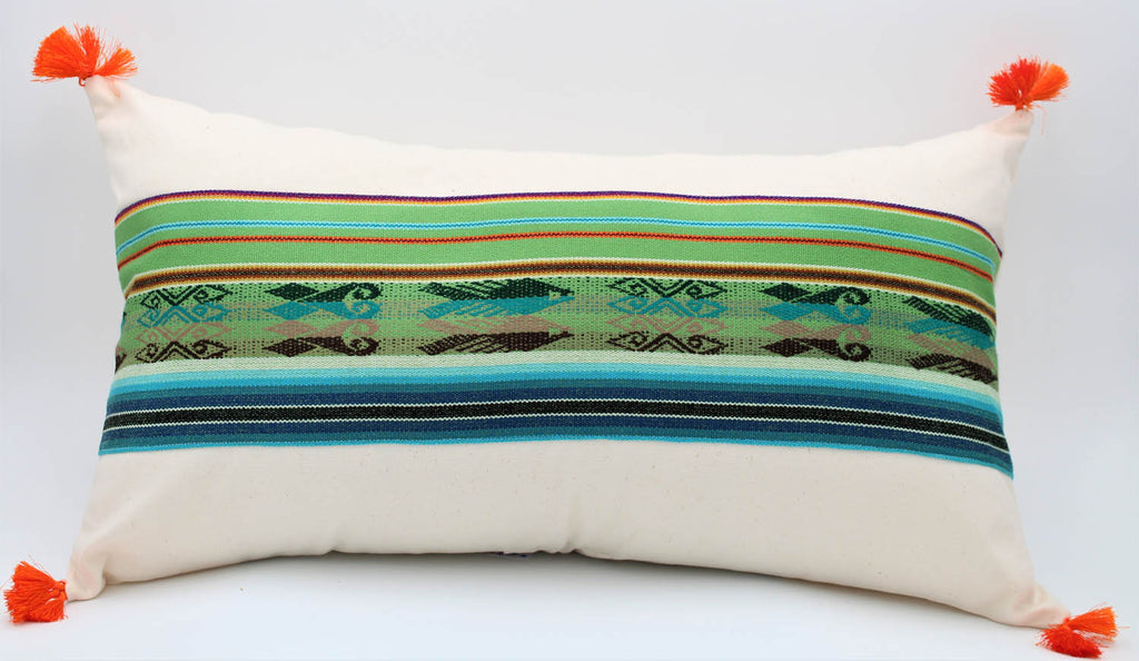 El Mar Pillow Collection: Green and Teal Multi-Color Stripes with Fish and Orange Tassels