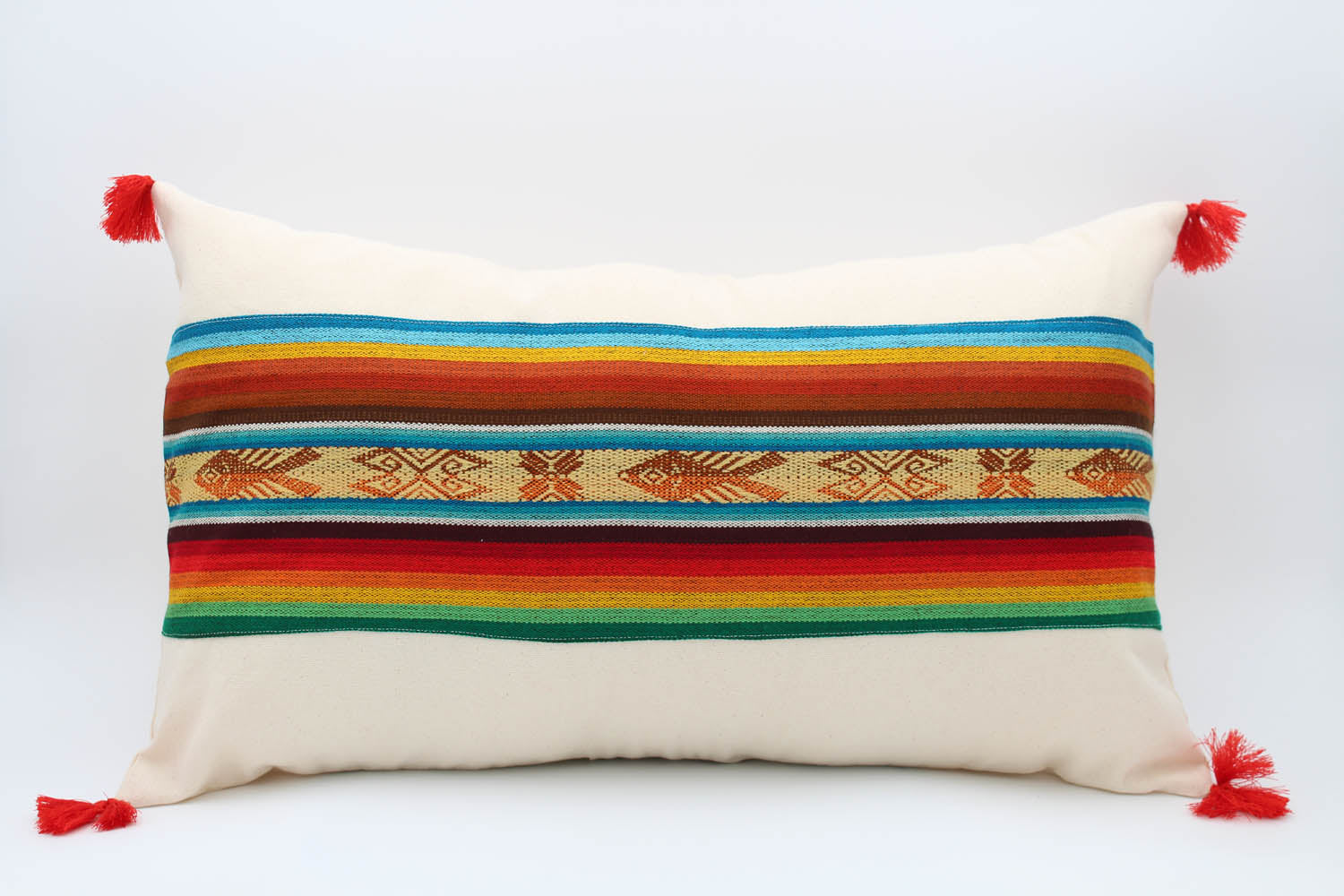 El Mar Pillow Collection: Multi-Color Stripes with Fish and Red Tassels