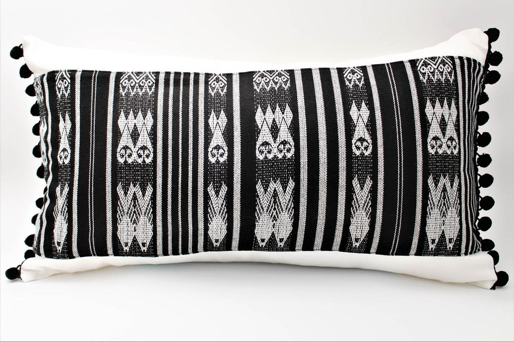 El Mar Pillow Collection: Black and White Fish with Black Pom Poms