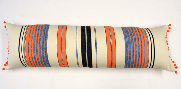 La Playa Pillow Collection: Orange and Blue Stripes with Orange Pom Poms Large Lumbar