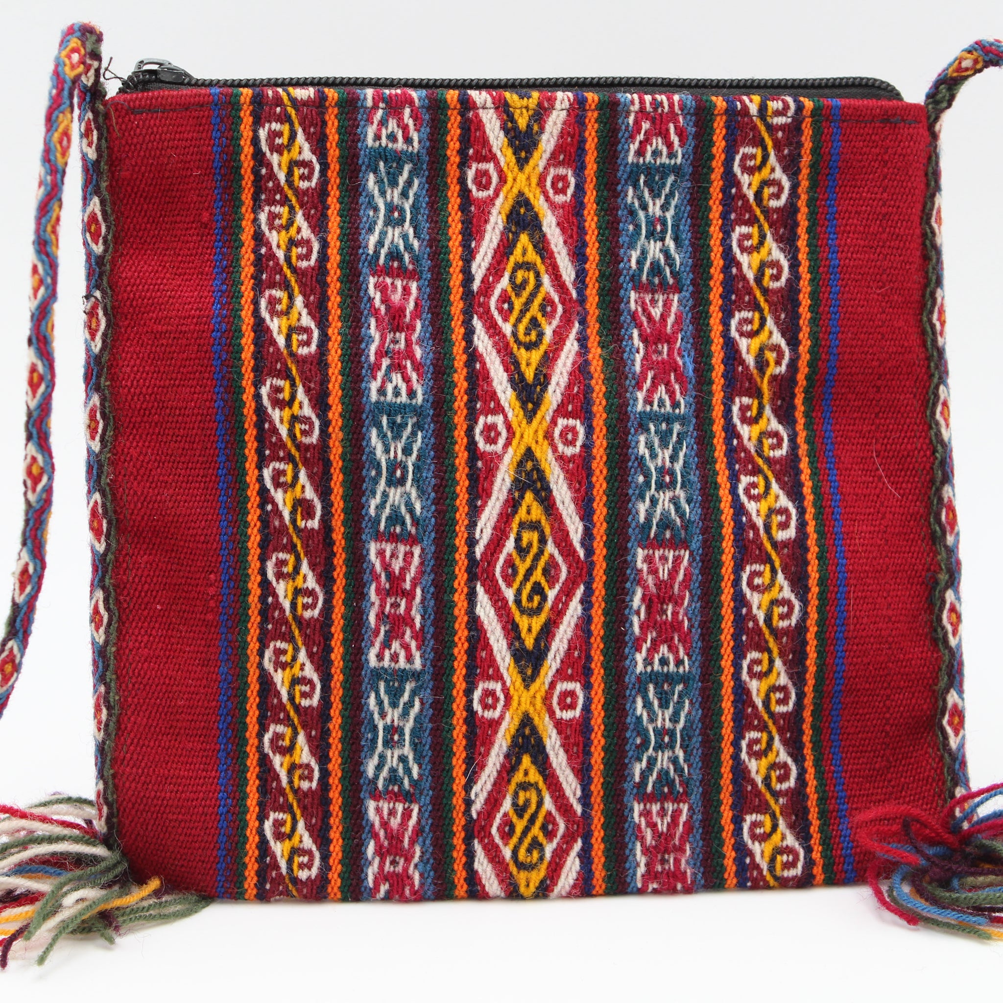 Small Chuspa Crossbody - Red with Multicolor patterns and braided strap